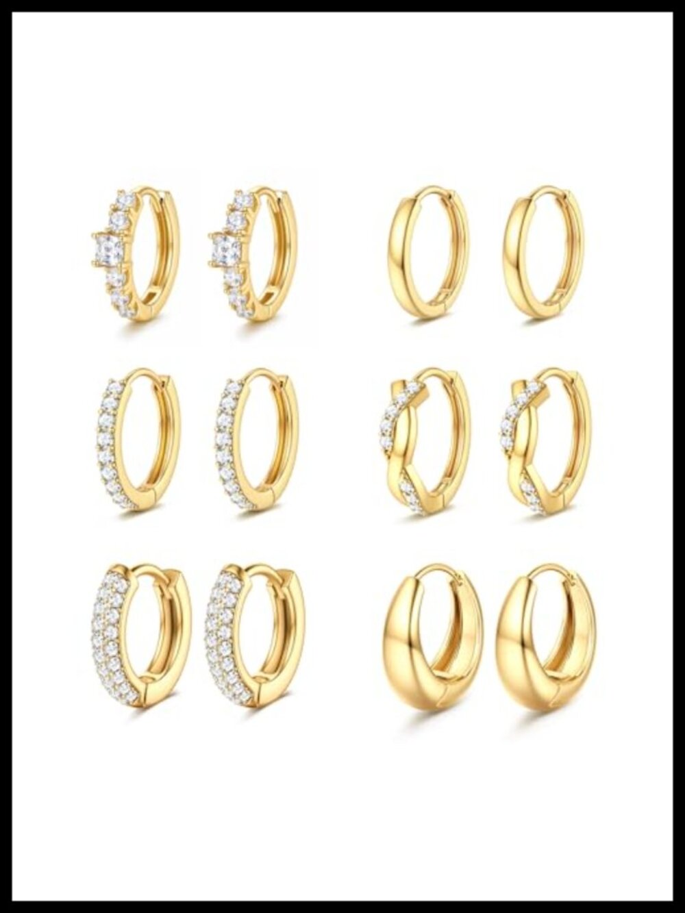 14K Gold Plated Huggie Hoop Earrings Hypoallergenic CZ Stackable Set